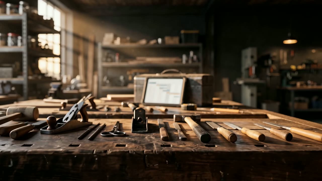Werkstatt mit Werkbank, Handwerkzeug und einem Tablet