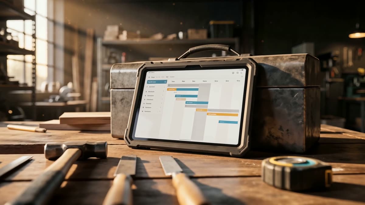 Werkbank mit Handwerkzeug und einem Tablet, auf dem die Auftragsübersicht läuft